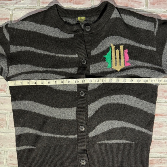 Paul Tazewell Wicked Sz M Black/Grey Stripe Button Cardigan embroidered Graphic - Picture 10 of 12